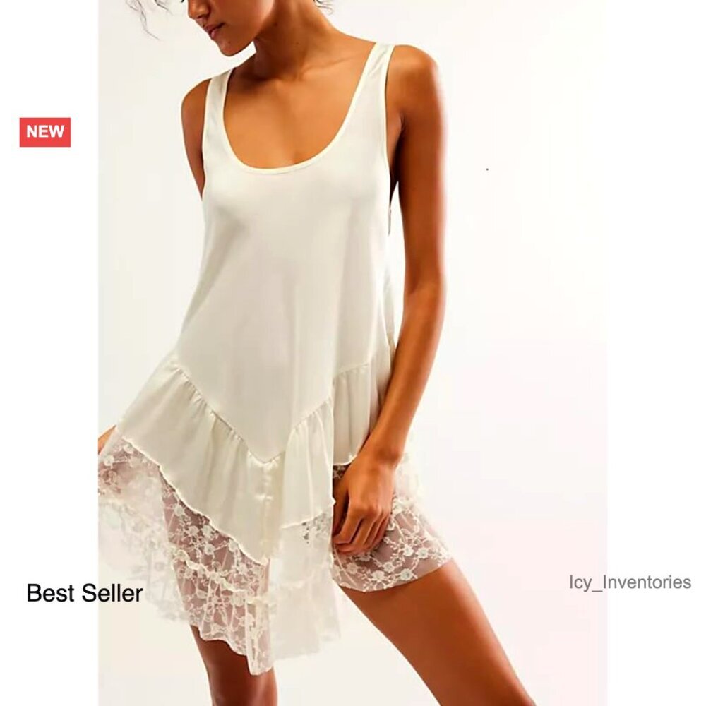 Satin Lace Mini Slip Dress Tiered Drop Waist Babydoll Sleeveless Flowy - Picture 5 of 7